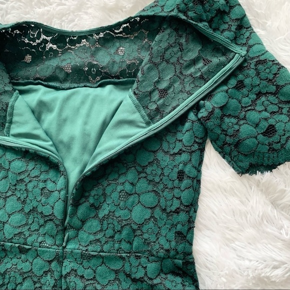 LARK & RO Deep Green Fit and Flare Crew Neck Sheath Stretch Lace Mini Dress - Picture 12 of 16